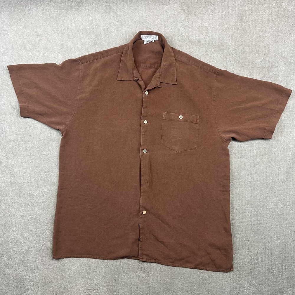 Tulio XL Mens Brown 100% Pure Silk Short Sleeve Basketweave Button Up Shirt